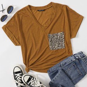 Leopard Pocket Patched Rolled Cuff Tee